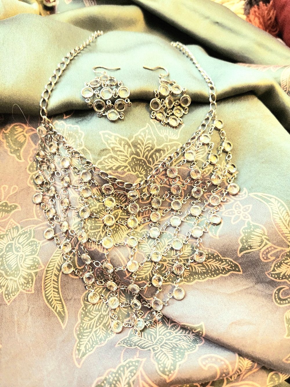 Silver-Tone Crystal Statement Necklace & Earrings Set